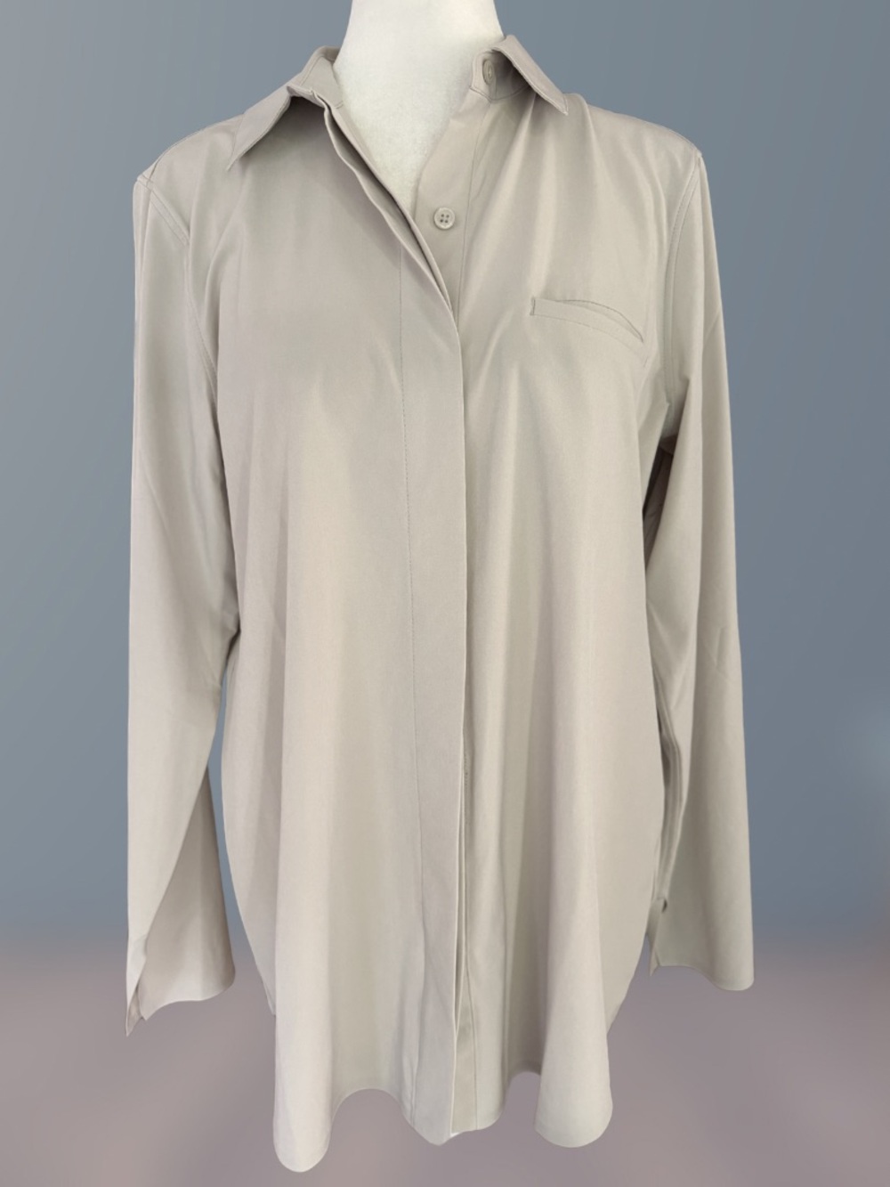 Athleta Urbanite Button Down Top Small Beige Performance Stretch Blouse - Picture 5 of 13